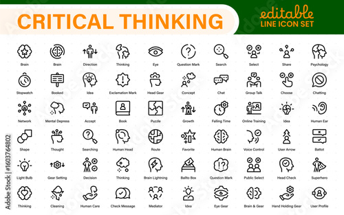 Critical Thinking Line Icons: Analyze, Reason, Decide. Problem-Solving, Logic, Facts, Rational Mind, Decision Making, Strategy, Collection, Thought Process, and more.