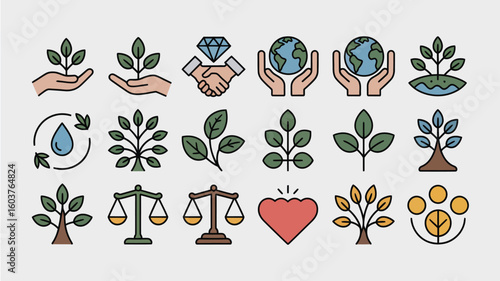 Collection of Twenty Colorful Line Art Icons Depicting Environmental Sustainability Corporate Social Responsibility and Ethical Business