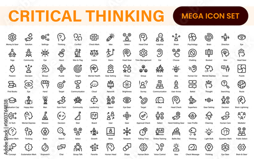 Critical Thinking Line Icons: Analyze, Reason, Decide. Problem-Solving, Logic, Facts, Rational Mind, Decision Making, Strategy, Collection, Thought Process, and more.