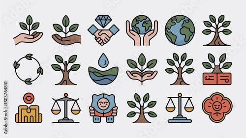 Collection of Twenty Diverse Line Art Icons Depicting Environmental Sustainability Corporate Social Responsibility Ethical Business Practices