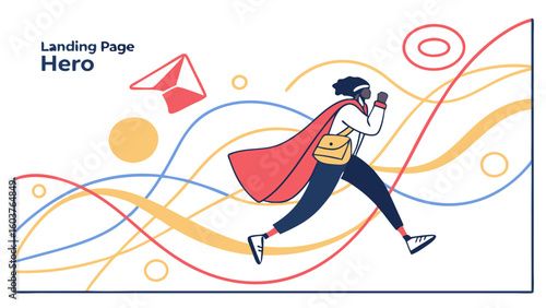 Dynamic landing page hero illustration featuring a determined person in a cape running through abstract wavy lines and geometric shapes
