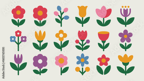 Wallpaper Mural Collection of Twenty Retro Style Flower Icons Featuring Tulips Daisies and Other Blossoms in Vibrant Red Pink Orange Yellow Purple and Blue Torontodigital.ca
