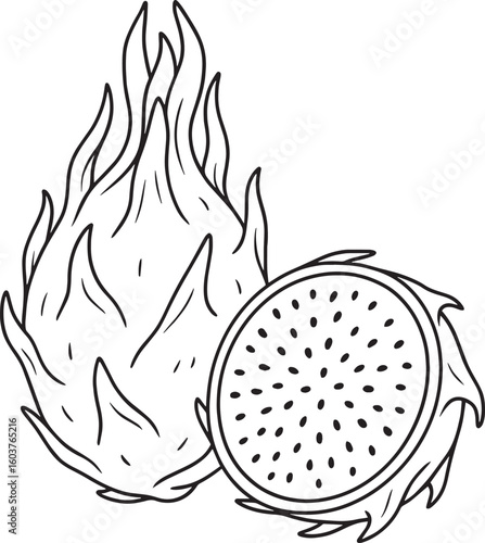 Dragon fruit whole and halved with seeds pitaya