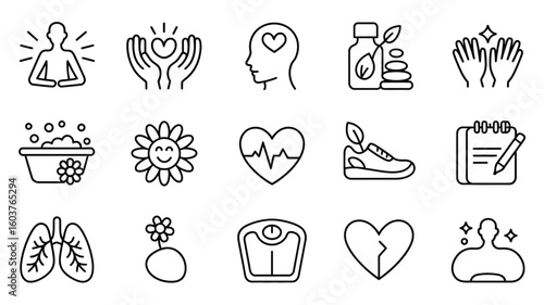 Collection of Wellness Icons Line Art Graphics Black and White Simple Minimalist Style Health Care Symbols Set Yoga Heart Lungs Bath Flower