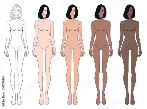 Colored skin tones fashion croquis figurines with bob short hair woman in vector.