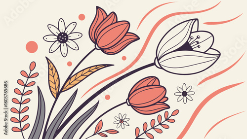 Beautiful floral design with tulips and daisies vector art for spring season decoration and backgrounds