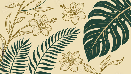 Botanical floral pattern design with tropical leaves and flowers for summer background and wallpaper use