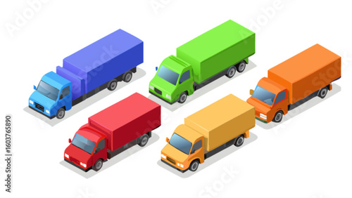 Isometric delivery trucks transportation logistics freight service cargo vehicle shipping distribution fleet transport