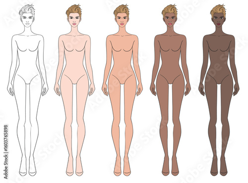 Colored skin tones fashion croquis figurines with blonde short hair woman in vector.