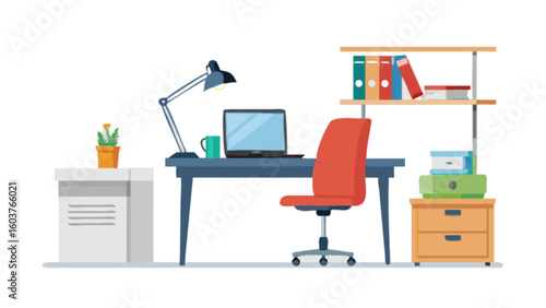Modern home office setup with computer desk chair lamp and bookshelf for remote work and study space design