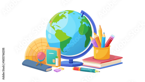 Back to school supplies globe pencils books education study learning stationery knowledge geography class
