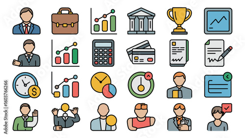 Colorful Business Icons Set Financial Management Success Achievement Time Clock Graph Chart Calculator Credit Cards Contract Documents