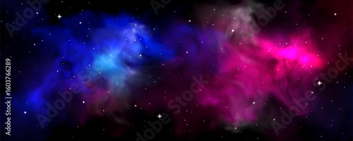 Cosmic space nebula with vibrant colors - purple, pink and blue stellar clouds, glowing stars scattered across galaxy, planet atmosphere background for astronomy or universe exploration design.