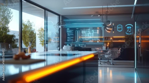 Futuristic smart kitchen with holographic interface and sleek design