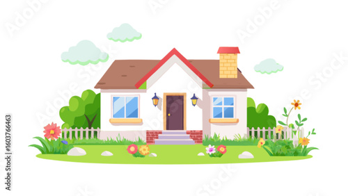 Cute cartoon house illustration vector graphic design with garden flowers and clouds for real estate concept