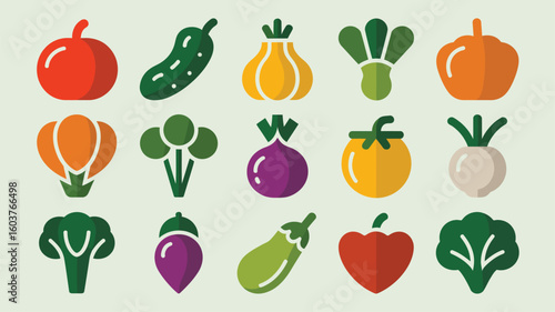 Colorful Flat Vegetable Icons Collection Red Orange Yellow Green Purple White Bok Choy Broccoli Tomato Onion Garlic Cucumber Eggplant Beet Radish