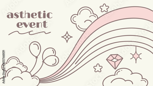 Aesthetic event banner featuring a pastel rainbow clouds balloons stars and a diamond illustration on a cream background