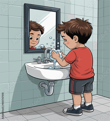 Cartoon boy washing hands with soap and water in bathroom standing near sink promoting hygiene and healthy clean habits