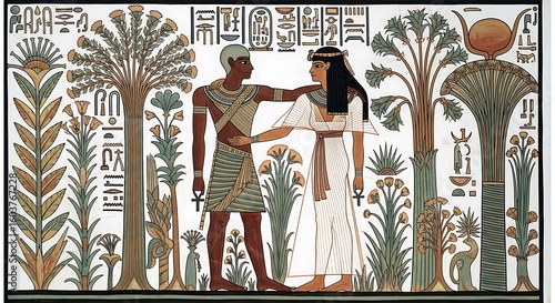 Friendship day egyptian artwork depicting a man and woman standing amongst trees and hieroglyphs in vibrant colors