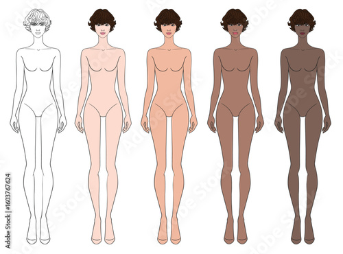 Colored skin tones fashion croquis figurines with bouncy curls short hair woman in vector.