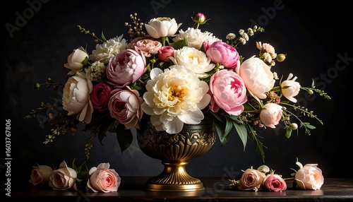 Fototapeta Naklejka Na Ścianę i Meble -  Elegant floral arrangement featuring peonies and roses in a vintage vase on dark backdrop