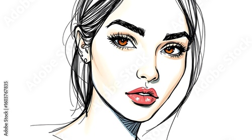 Color sketchnote-style hand-drawn sketch of a beautiful exotic young woman, combining expressive lines, vibrant tones, and artistic charm in a creative visual composition