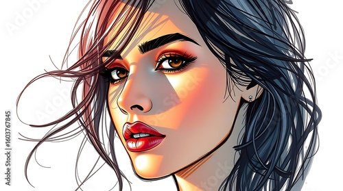 Color sketchnote-style hand-drawn sketch of a beautiful exotic young woman, combining expressive lines, vibrant tones, and artistic charm in a creative visual composition