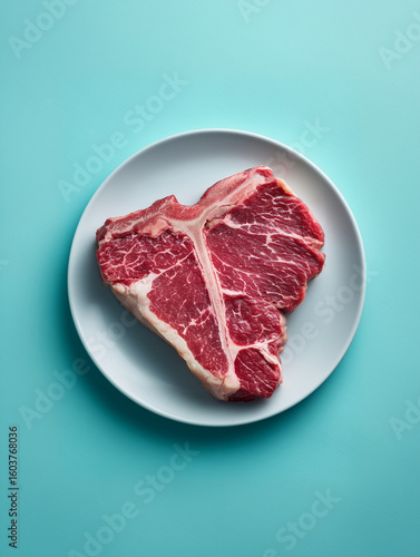 A single raw t bone steak resting centered on a white plate against a plain turquoise background