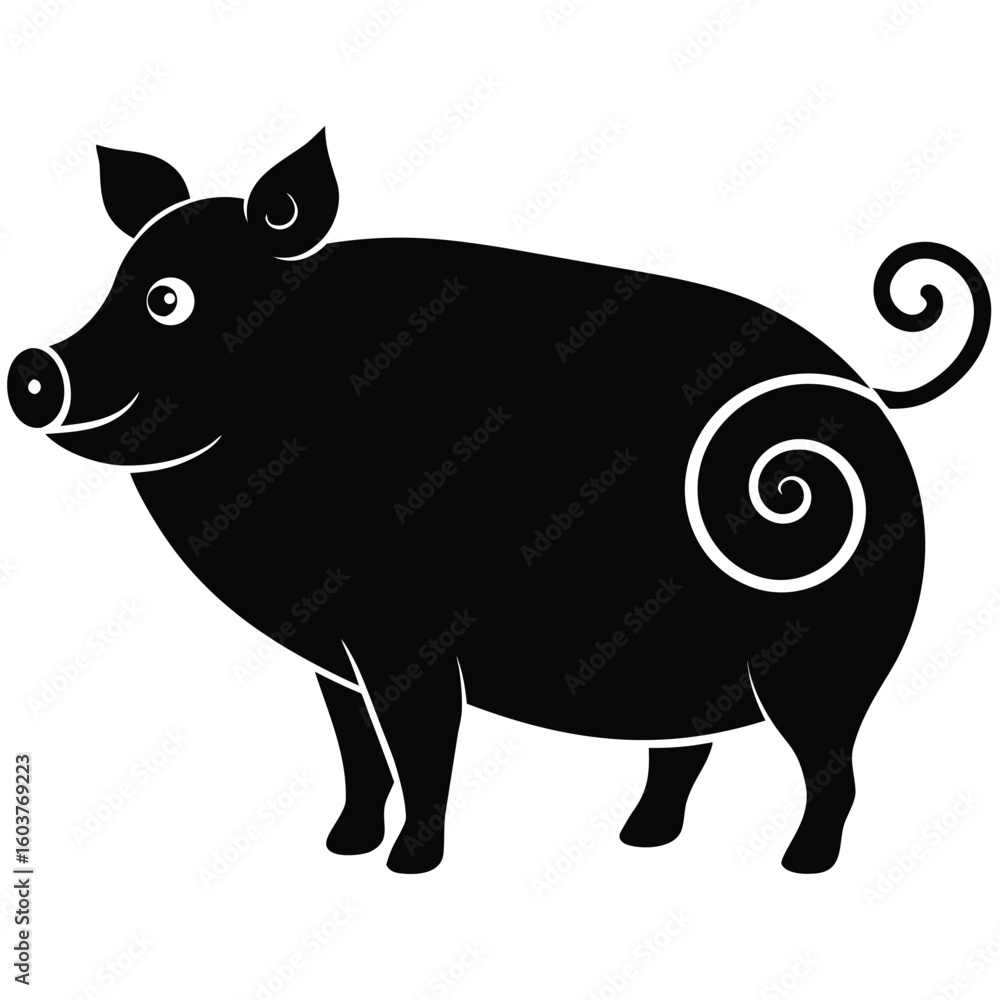 Fototapeta premium Stylized black pig illustration with swirl design