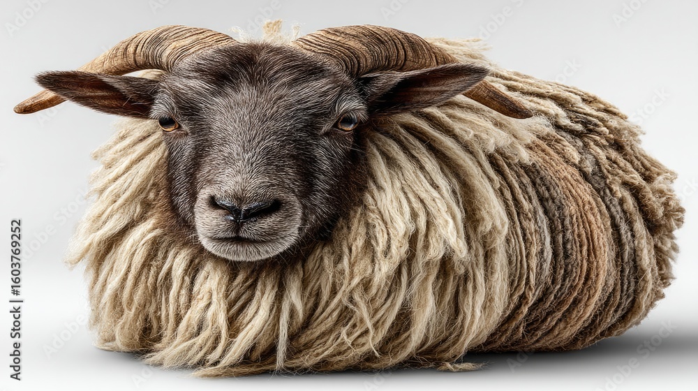 Obraz premium Regal Ram Portrait: A majestic ram, with striking horns and thick wool, gazes directly at the viewer, embodying the essence of strength and resilience.