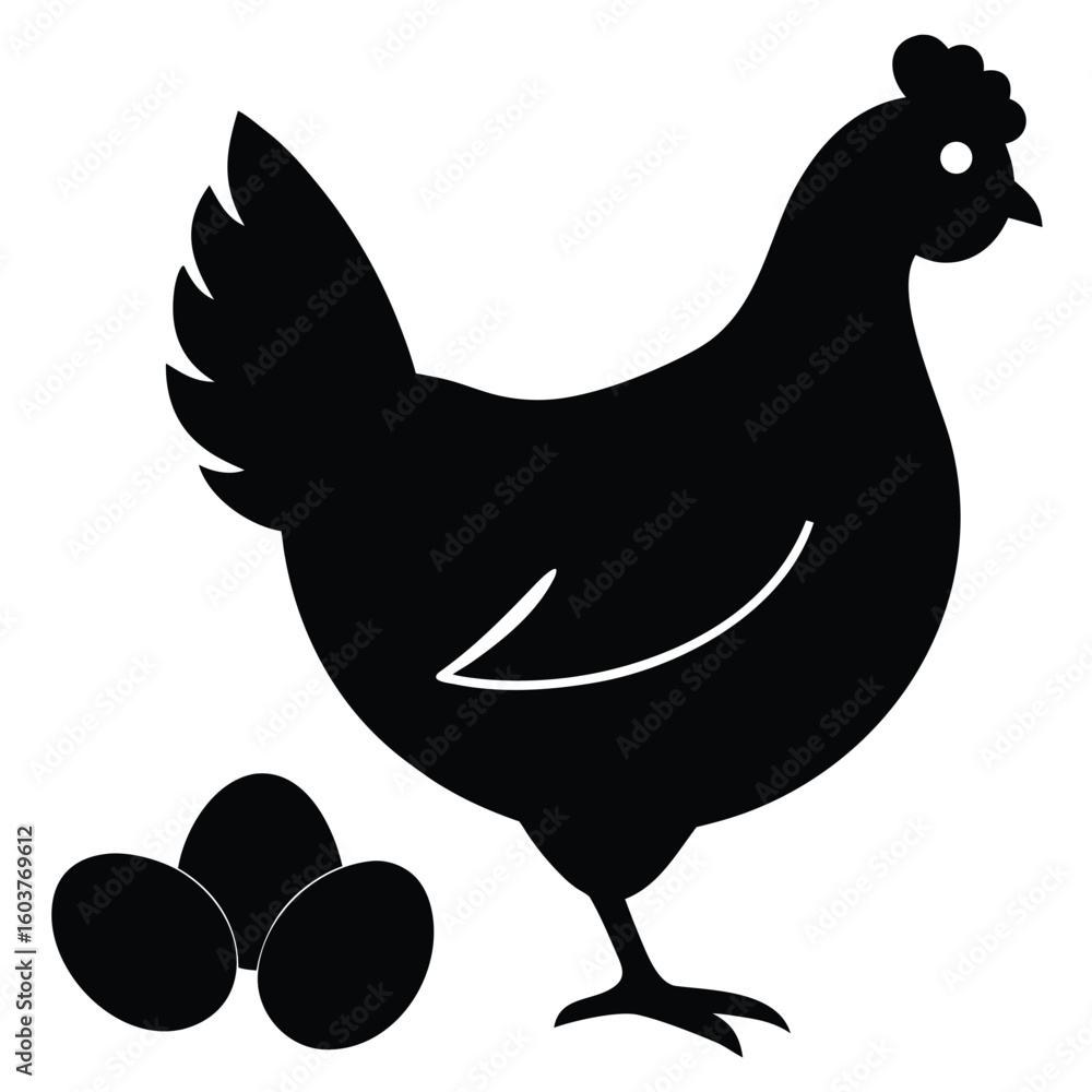 Black silhouette of a chicken with three eggs Black silhouette of a chicken with three eggs
