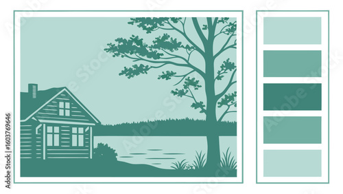 Serene lakeside cabin scene with a large tree and a color palette of muted teal and green tones