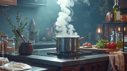Cooking pot with steam rising – ideal for food, recipe, kitchen, or cooking video intros with a warm home-cooked feeling.