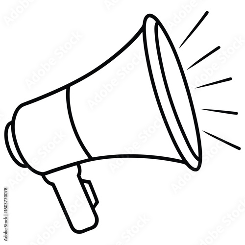 Simple line art drawing of a megaphone amplifying sound waves for announcements and public address