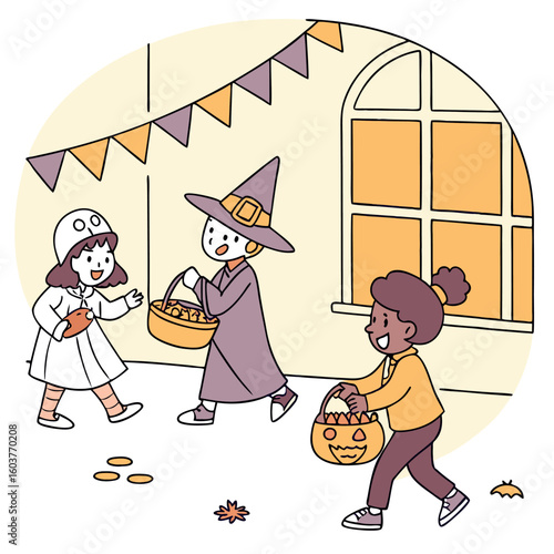 Three diverse children in halloween costumes happily trick or treating together collecting candy in festive baskets on a decorated street