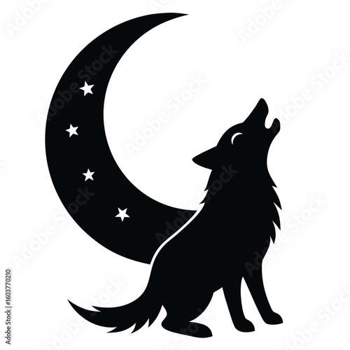 Silhouette of a wolf howling at a crescent moon with stars