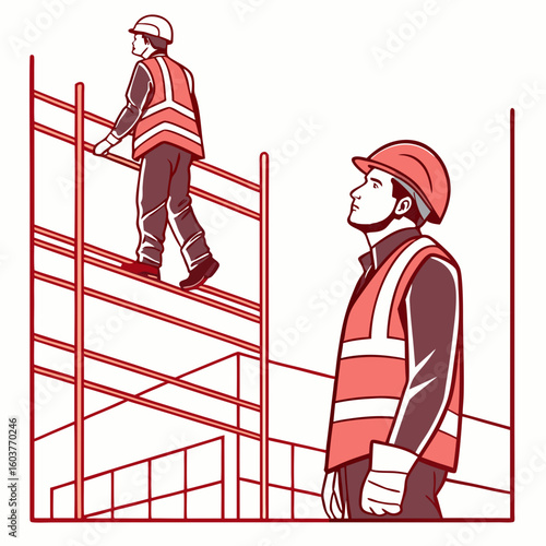 Construction Workers On Scaffolding Minimalist Vector Illustration for Site Safety and Building Design Concepts