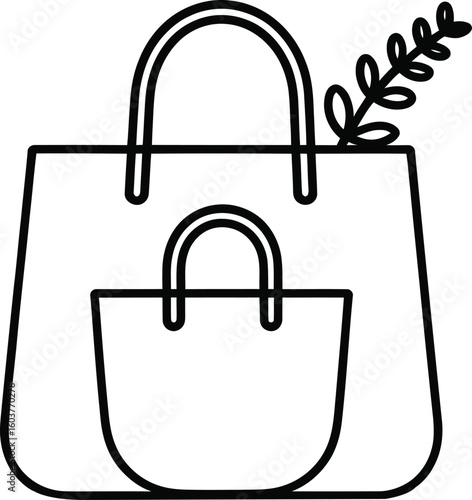 Simple line art icon of two shopping bags with a leafy branch