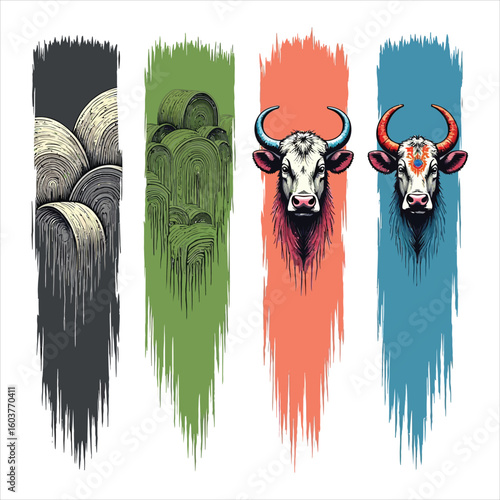 Vector art of colorful banners with hay bales and bulls