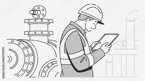 Engineering Inspector Using Tablet Device in Industrial Facility Minimal Vector Illustration