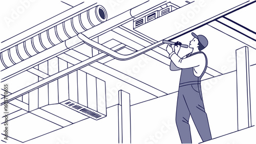 HVAC Technician Ceiling Work Air Conditioning Maintenance Ventilation System Installation Minimal Vector Art