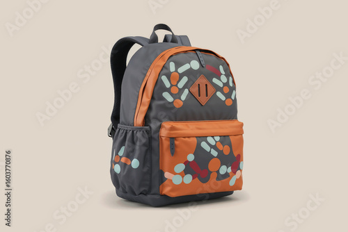 Stylish Backpack: Grey & Orange Patterned School Bag for Kids & Teens