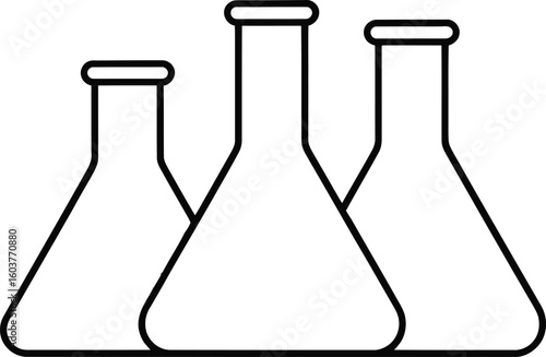 Three outline drawings of erlenmeyer flasks for science and chemistry