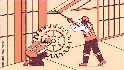 Industrial workers collaborating on a complex mechanism engaging teamwork and engineering insights design