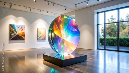 An elegant, modern image of an iridescent glass sculpture in a gallery setting, highlighting its unique and reflective properties.