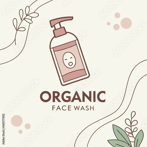 Gentle organic face wash with a happy cartoon face on the label promoted with natural botanical elements and soft colors