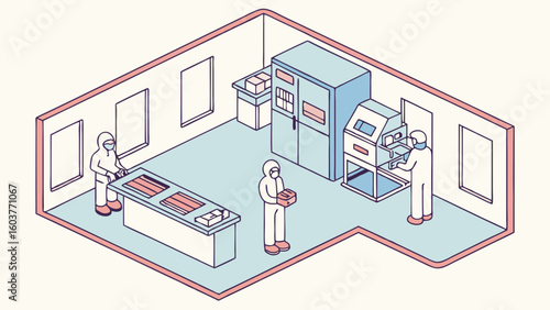Isometric Illustration of a Laboratory Personnel in a Sterile Environment Researching and Operating Machinery