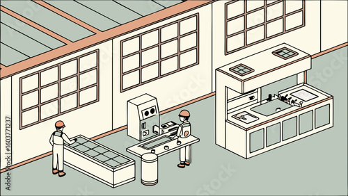 Isometric Industrial Vector Illustration Depicting Factory Workers and Machinery