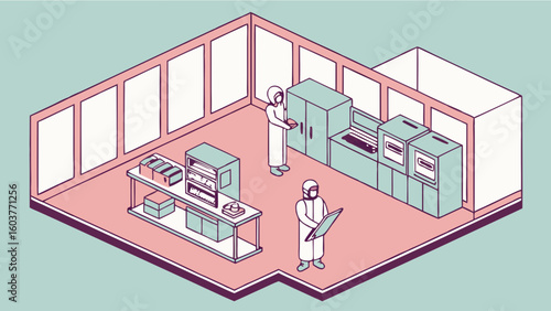 Isometric Laboratory Illustration with Professionals and Equipment in a sterile environment minimalist design