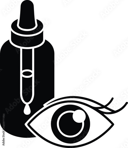Black and white illustration of an eye dropper bottle next to an open eye